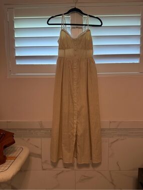 Striped Button-Front Spaghetti Strap Maxi Dress in Light Beige